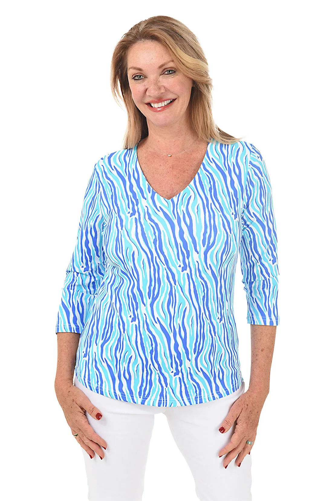 Aqua Zebra Classic UPF50  V-Neck Top