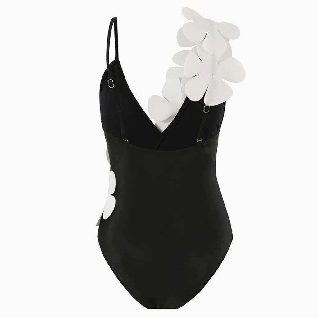 Asymmetric Contrast 3D Petal Flower Moderate V Neck One Piece Swimsuit