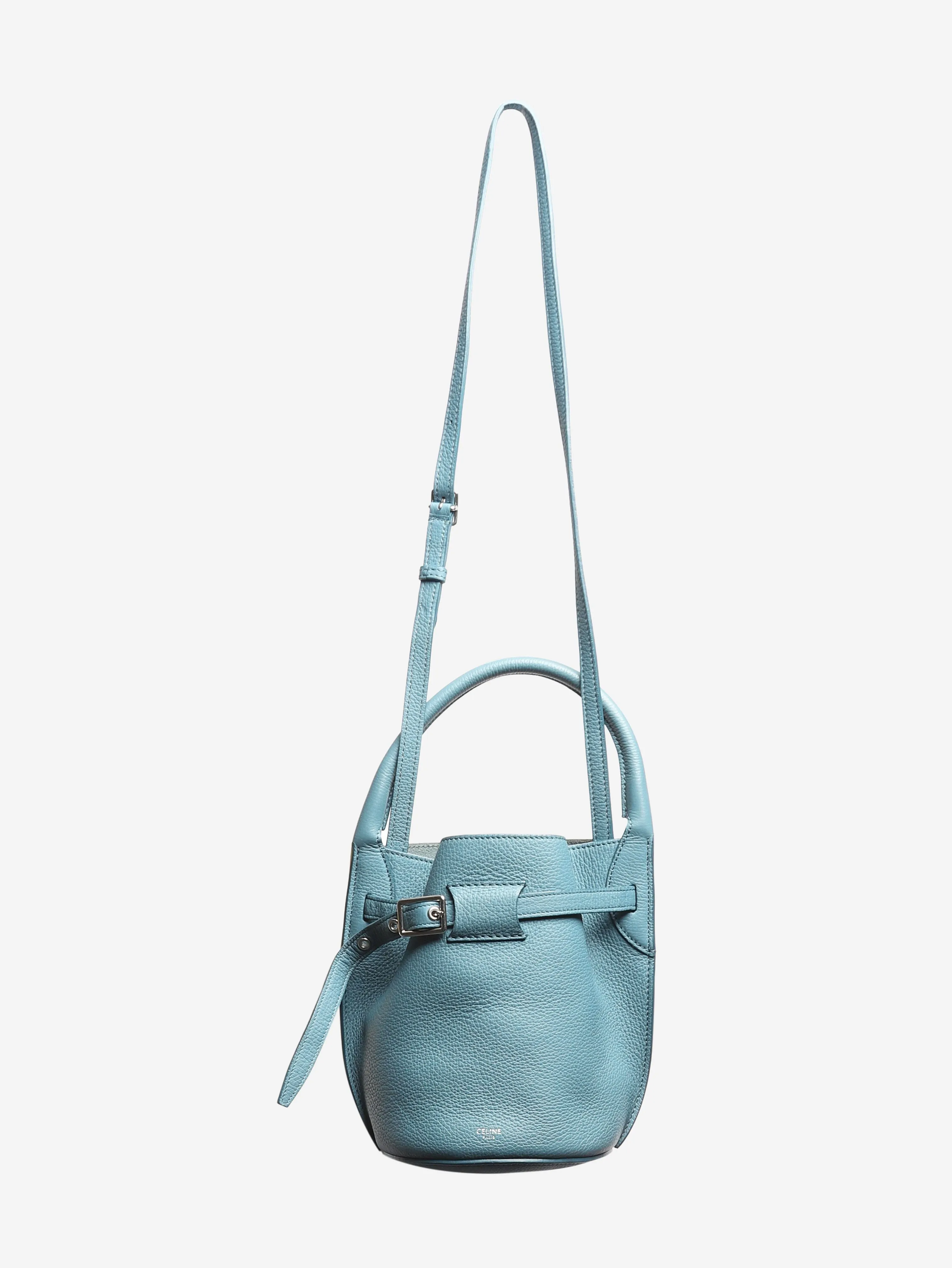 Blue buckled bucket top handle bag