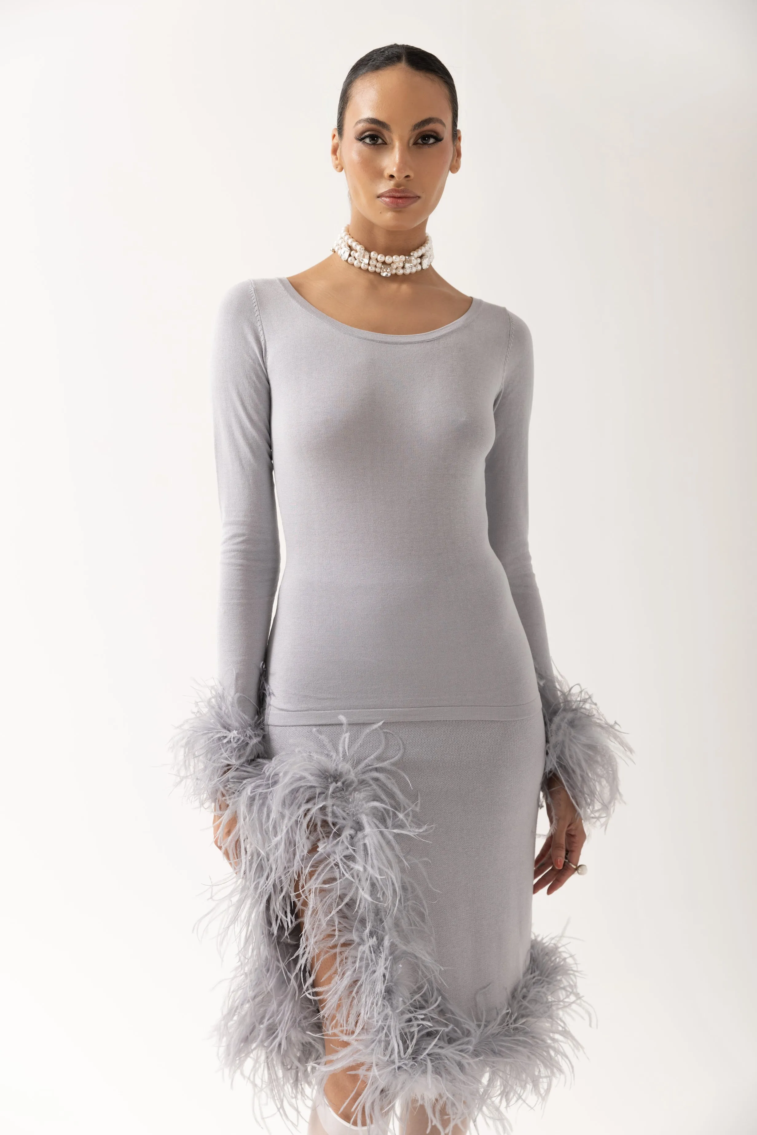 Grey Knit Top With Detachable Feather Cuffs