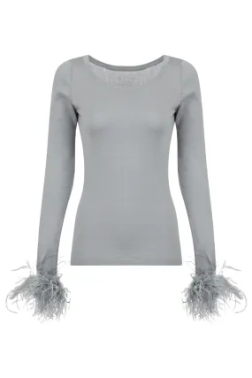 Grey Knit Top With Detachable Feather Cuffs