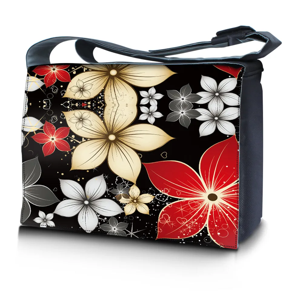 Laptop Padded Compartment Shoulder Messenger Bag Carrying Case & Matching Skin & Mouse Pad – Black Gray Red Flower Leaves