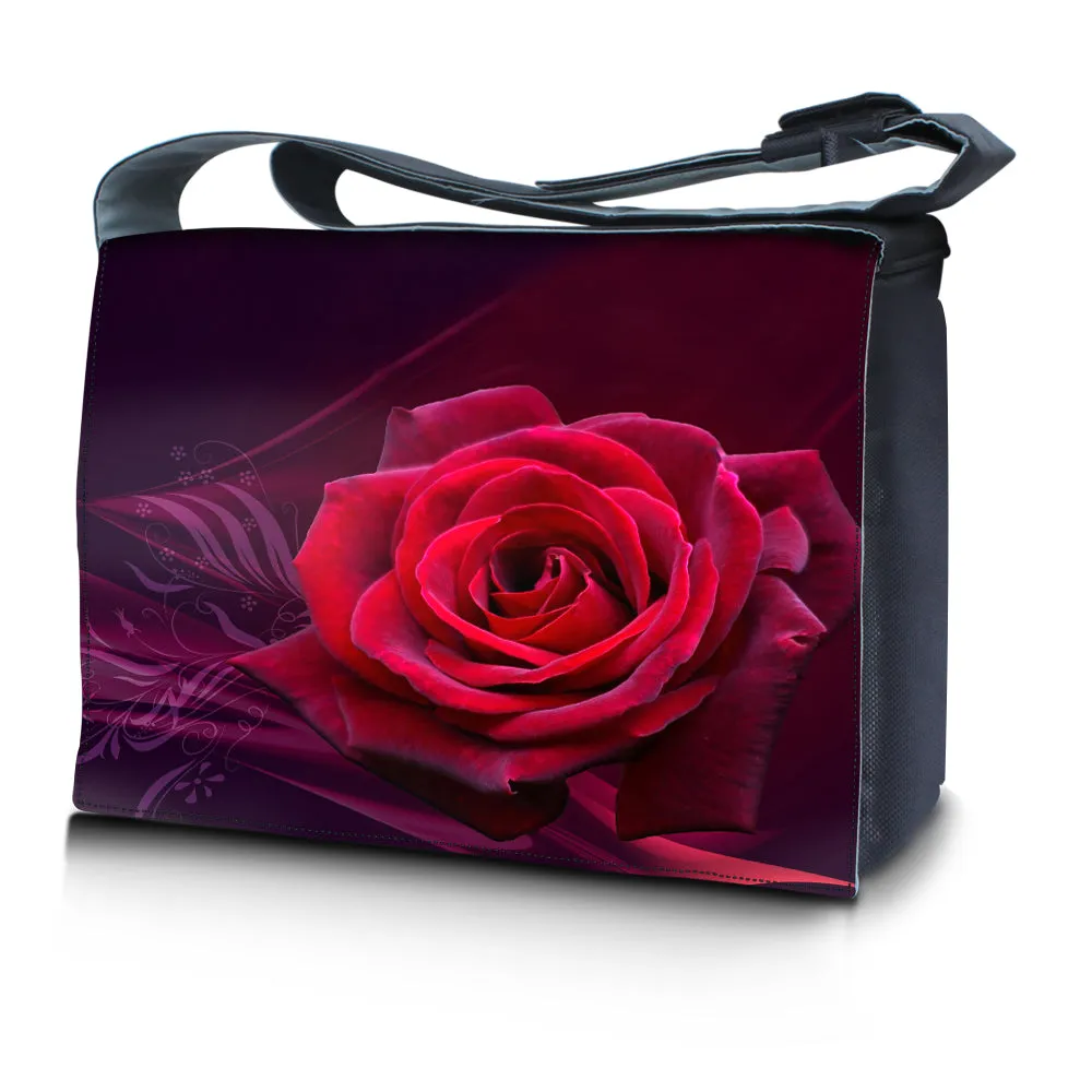 Laptop Padded Compartment Shoulder Messenger Bag Carrying Case & Matching Skin & Mouse Pad – Pink Rose Floral Flower