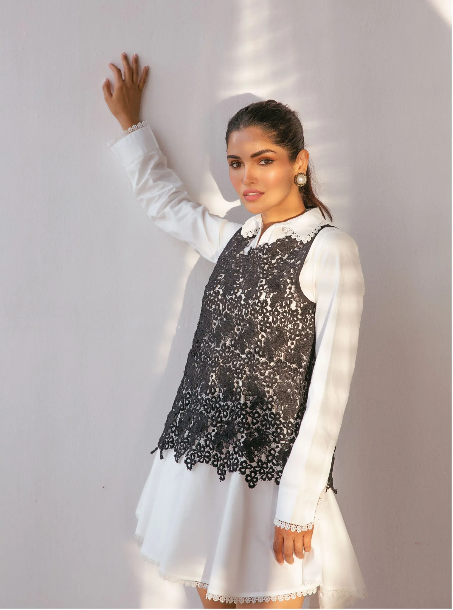 Mulmul Cotton Celina White Dress With Black Guipure Layer