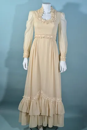 SOLD Vintage Cream Ruffle Maxi Dress, Prairie Gunne Style, XS Petite