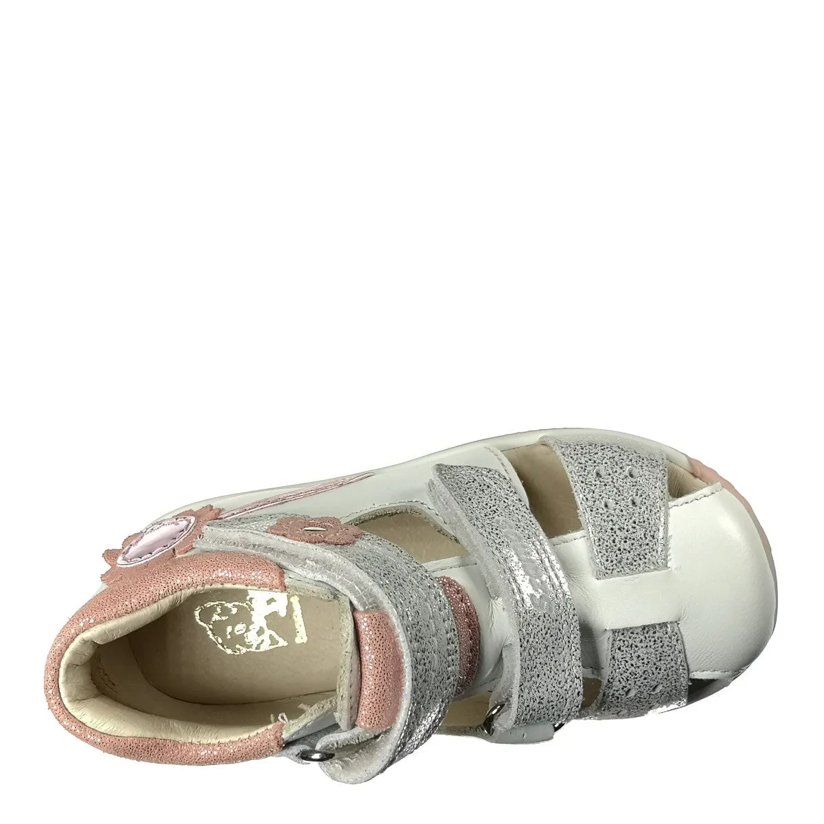 Szamos kid girl sandals in white color and flower pattern with silver glitter double velcro strap toddler/little kid size