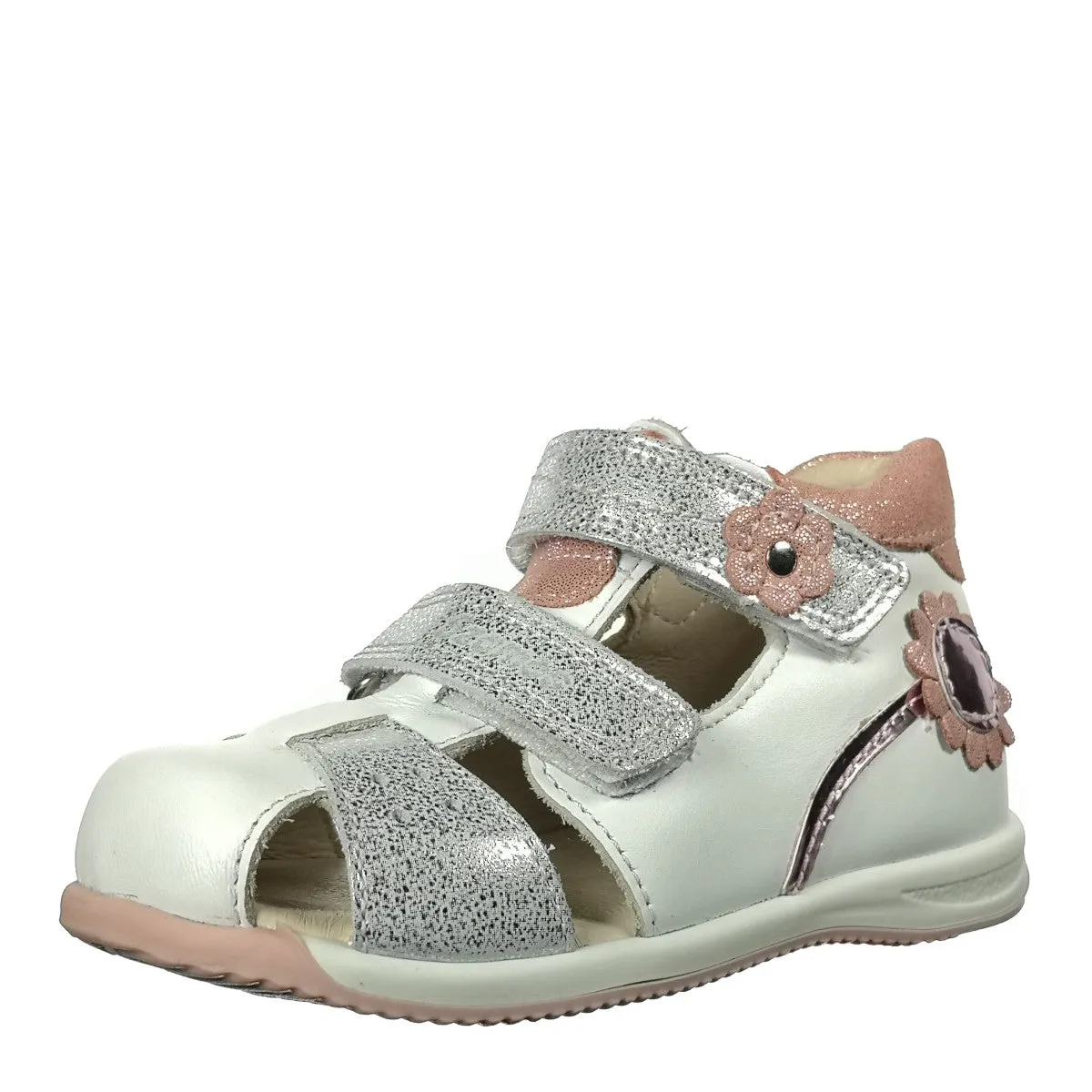 Szamos kid girl sandals in white color and flower pattern with silver glitter double velcro strap toddler/little kid size