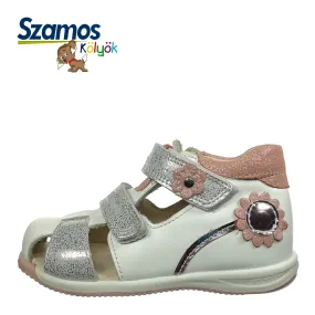 Szamos kid girl sandals in white color and flower pattern with silver glitter double velcro strap toddler/little kid size