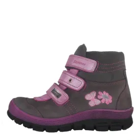 Szamos Kid Girl Winter Boots Grey With Pink Velcro Straps And Flower Butterfly Pattern - Made In Europe